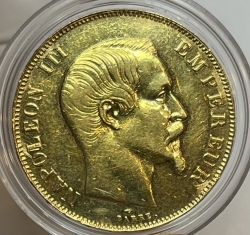 Золотая монета 50 франков Наполеон III 1857 г.,Au 900